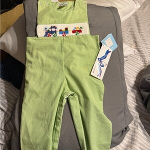 Silly Goode green Children's Overalls with Train Embroidery